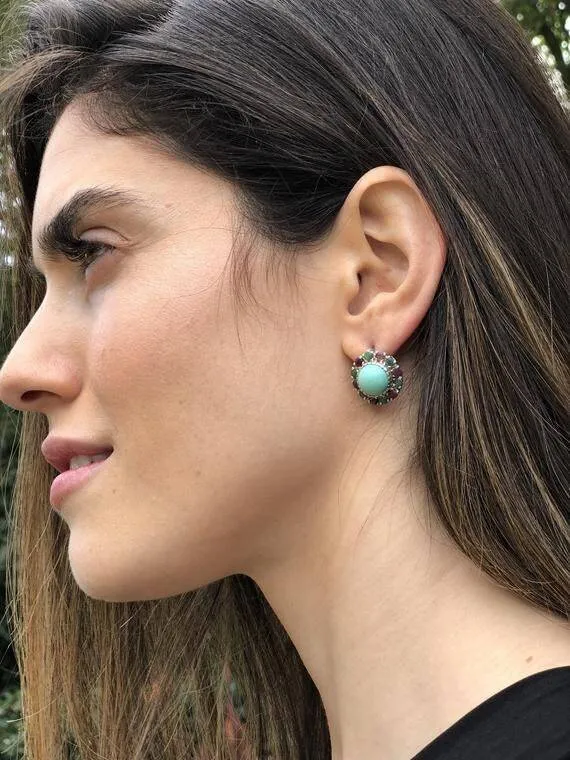 Aquamarine Victorian Earrings - Colorful Flower Earrings - Multistone Earrings