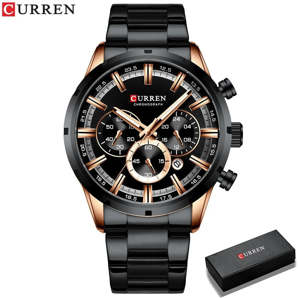 CURREN Top Brand Military Quartz Watches Silver Blue Mens Stainless Steel Chronograph Wristwatch for Male Casual Sporty Clocks