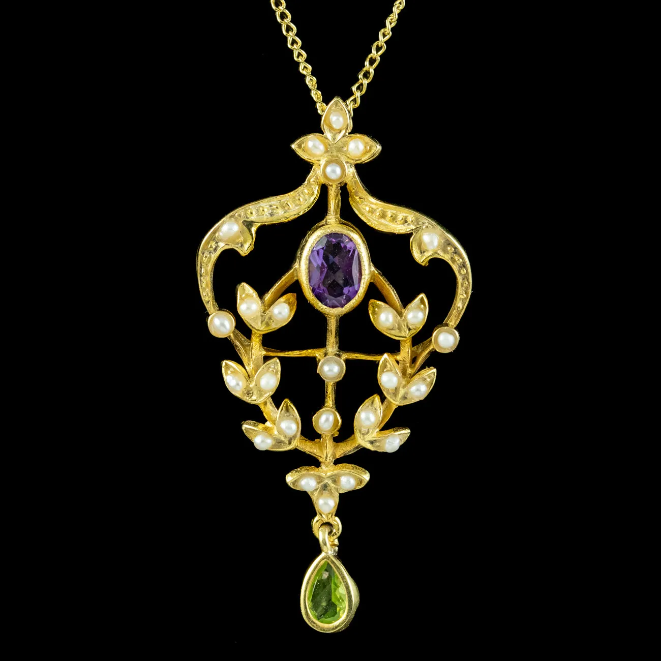 Edwardian Suffragette Style Pendant Necklace Amethyst Pearl Peridot