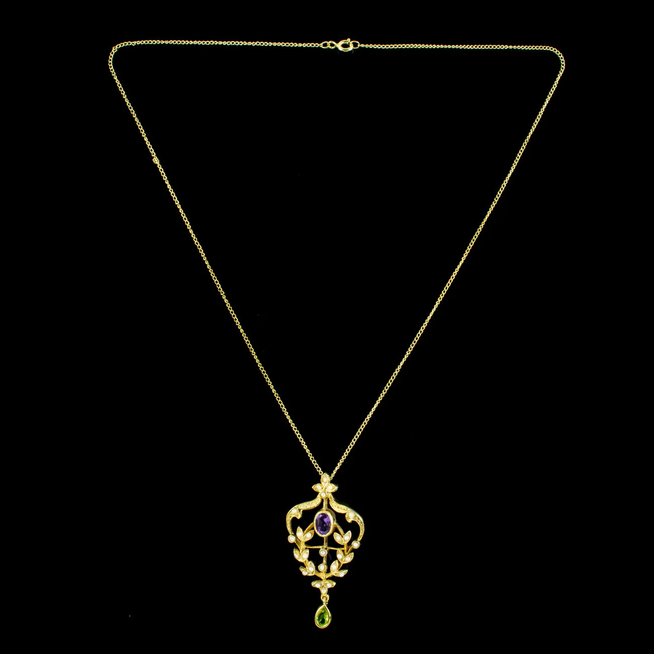 Edwardian Suffragette Style Pendant Necklace Amethyst Pearl Peridot