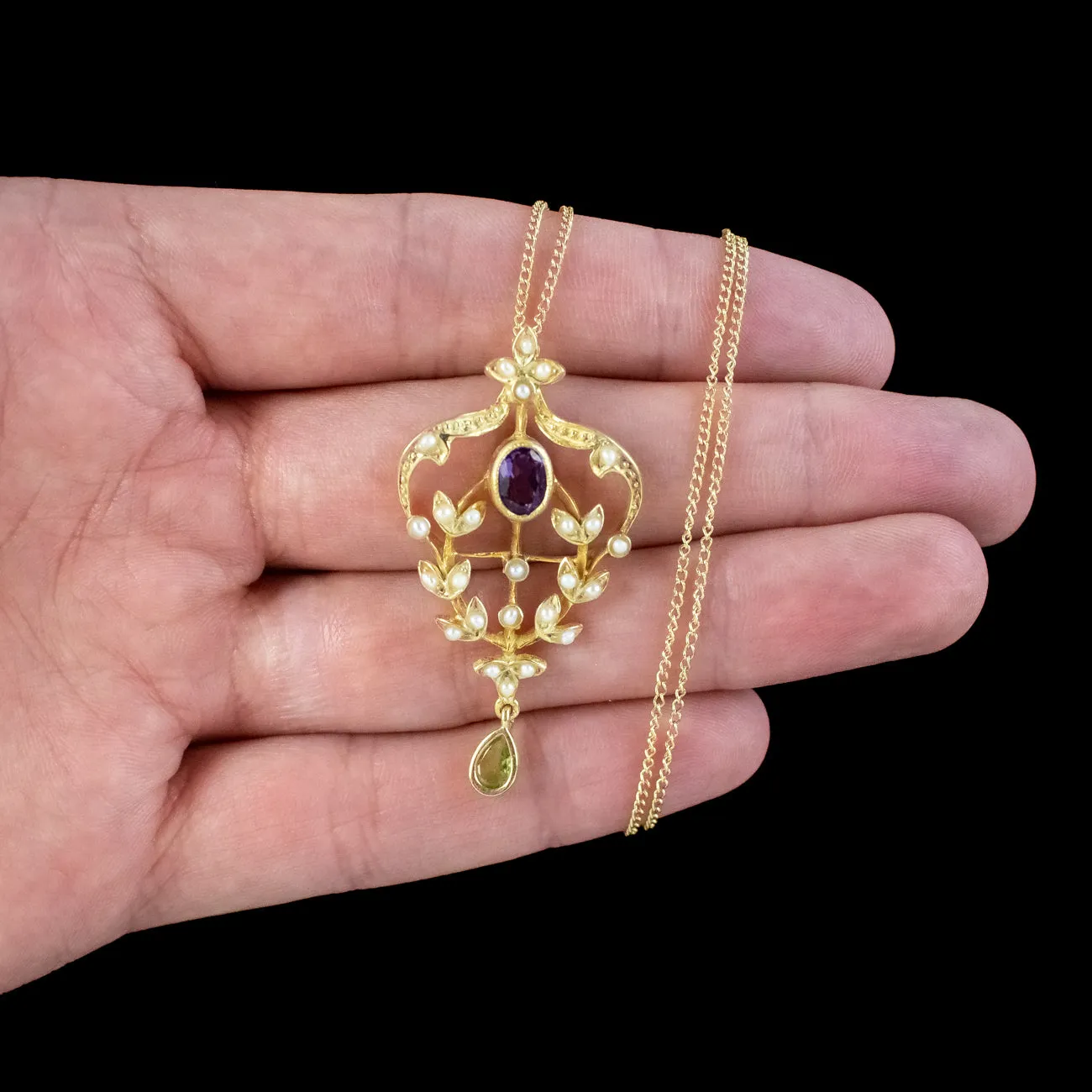 Edwardian Suffragette Style Pendant Necklace Amethyst Pearl Peridot
