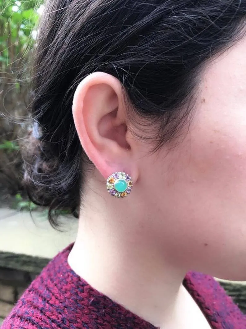 Flower Tourmaline Earrings - Colorful Victorian Studs - Multistone Vintage Earrings