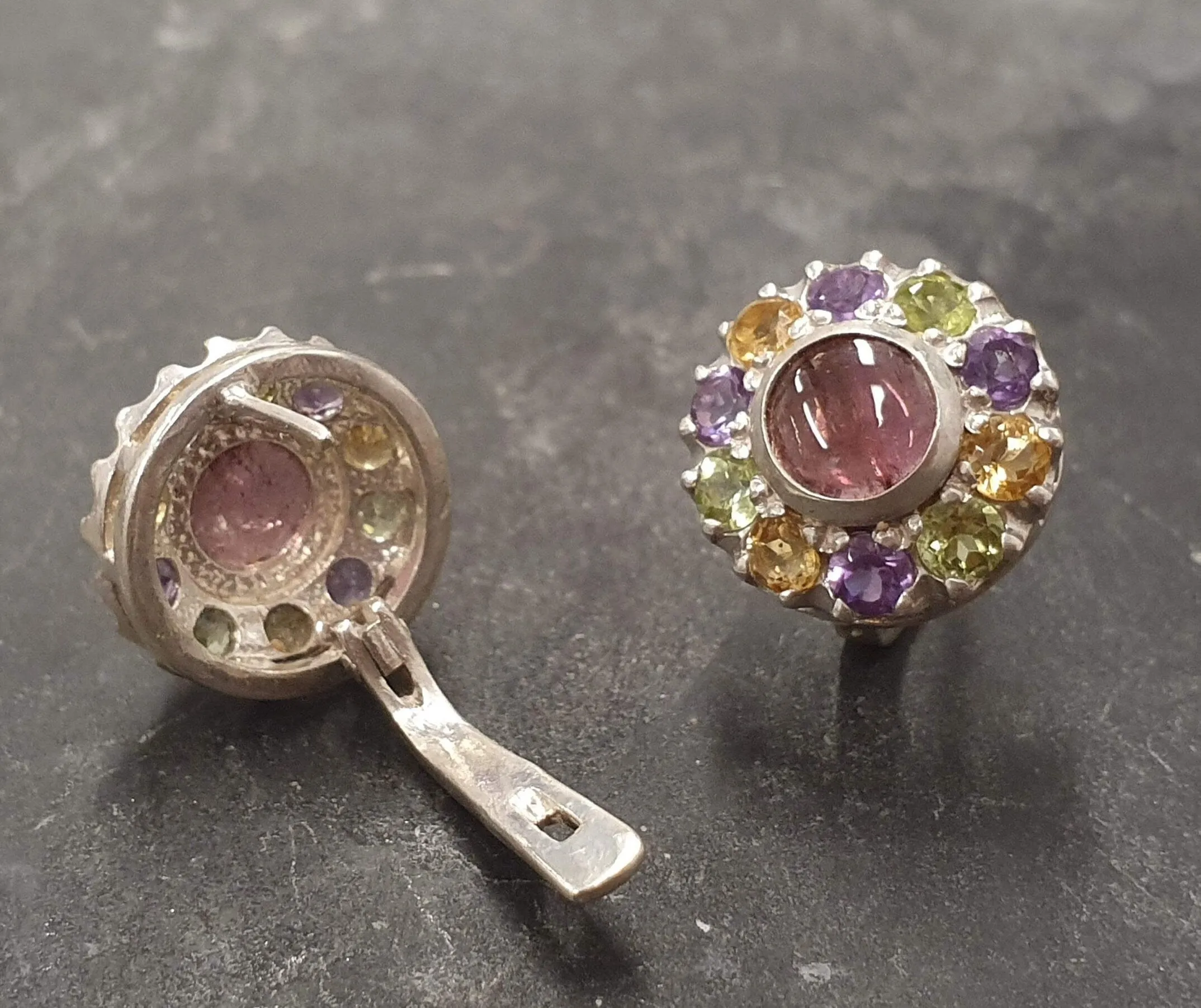 Flower Tourmaline Earrings - Colorful Victorian Studs - Multistone Vintage Earrings
