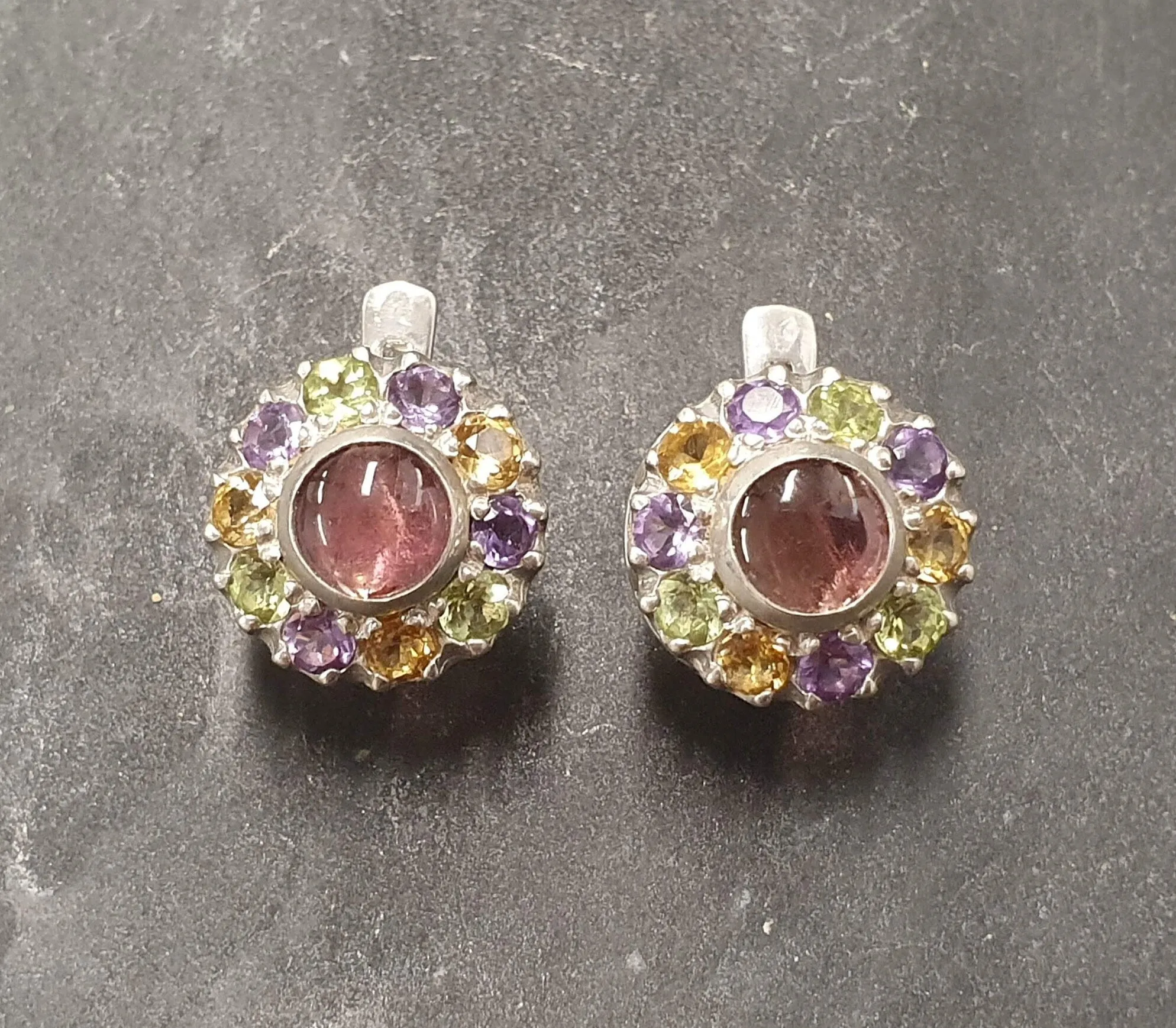 Flower Tourmaline Earrings - Colorful Victorian Studs - Multistone Vintage Earrings