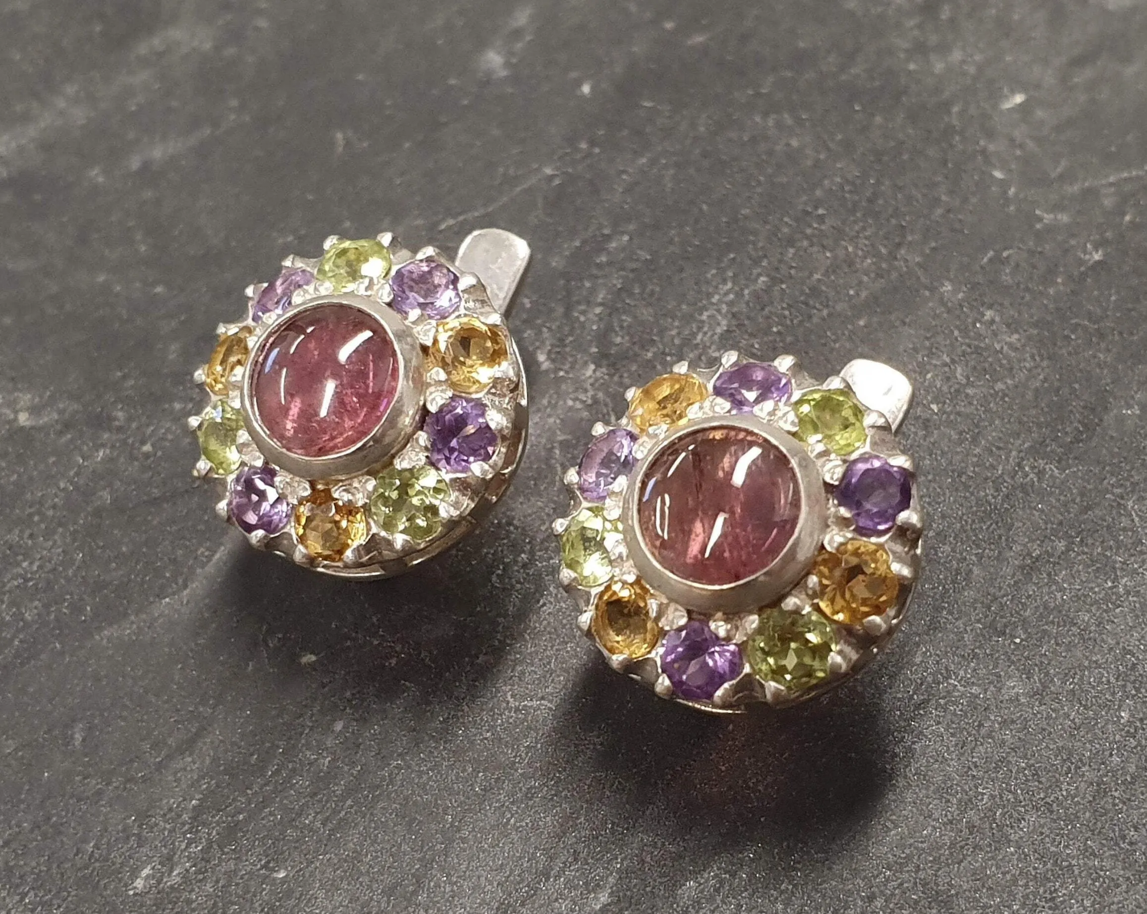 Flower Tourmaline Earrings - Colorful Victorian Studs - Multistone Vintage Earrings