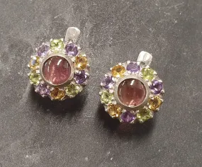 Flower Tourmaline Earrings - Colorful Victorian Studs - Multistone Vintage Earrings