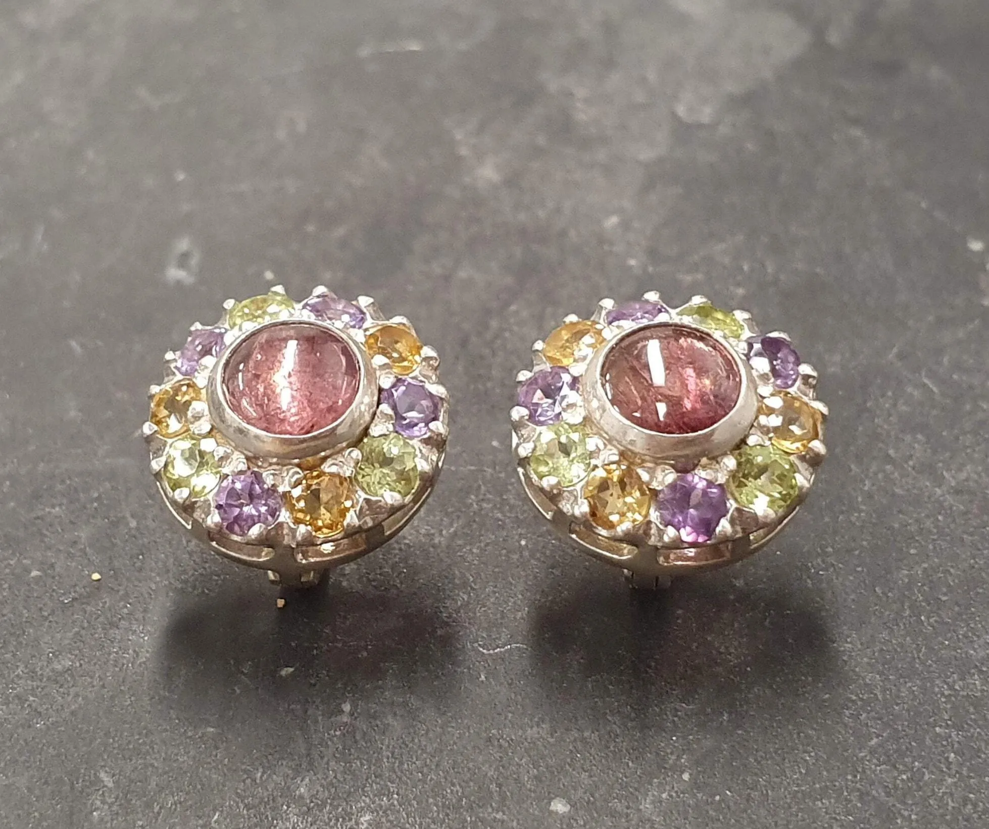 Flower Tourmaline Earrings - Colorful Victorian Studs - Multistone Vintage Earrings