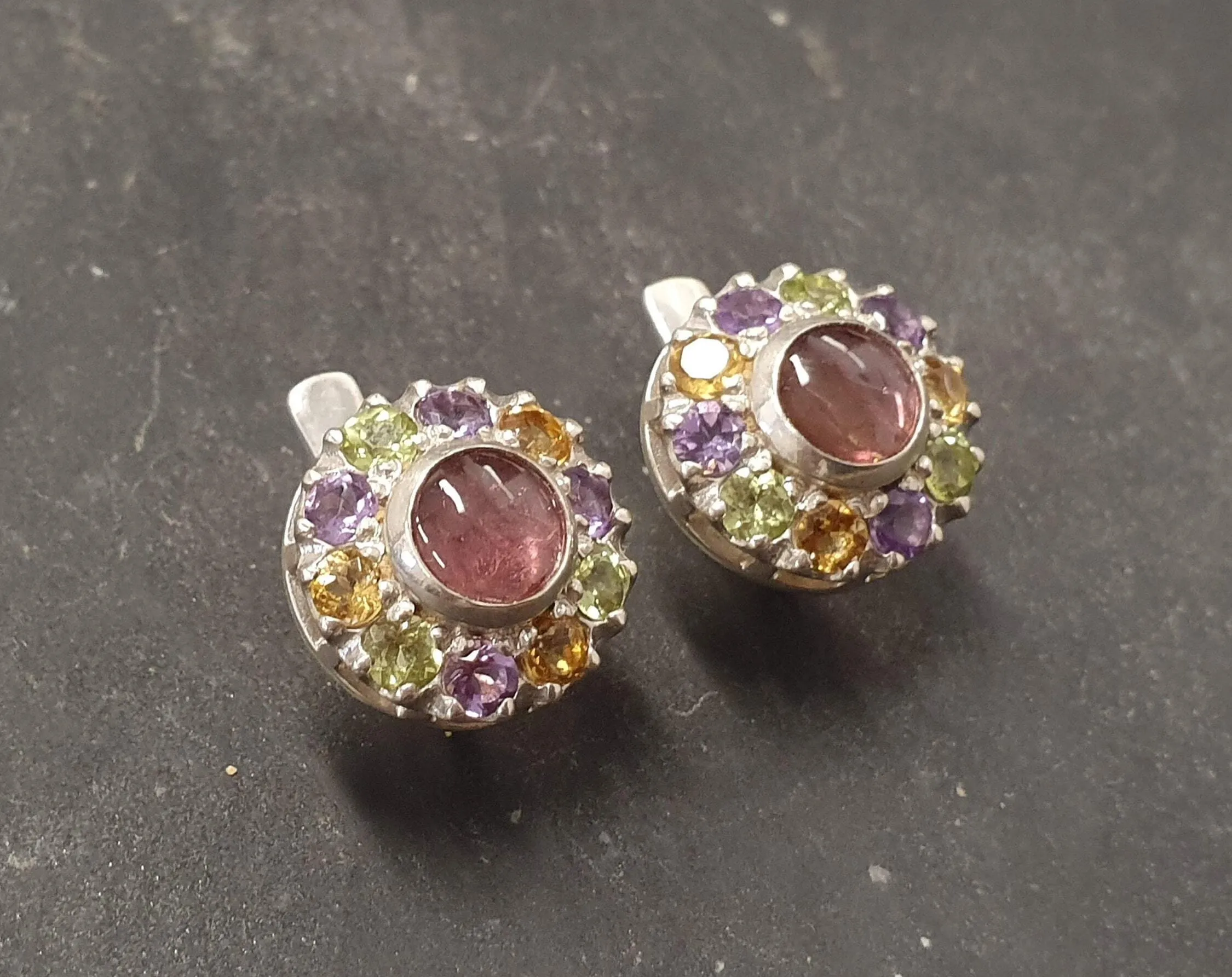 Flower Tourmaline Earrings - Colorful Victorian Studs - Multistone Vintage Earrings