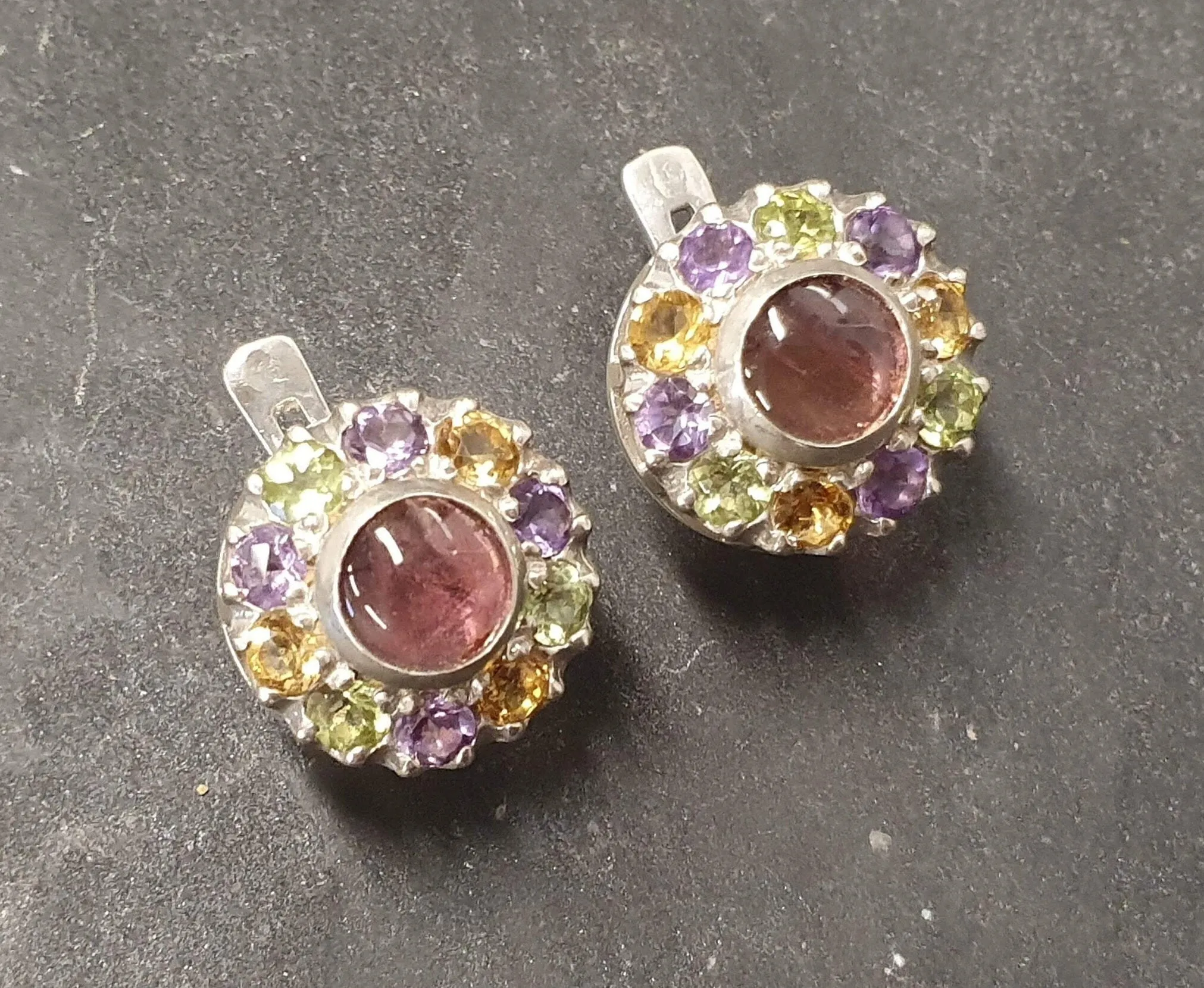 Flower Tourmaline Earrings - Colorful Victorian Studs - Multistone Vintage Earrings