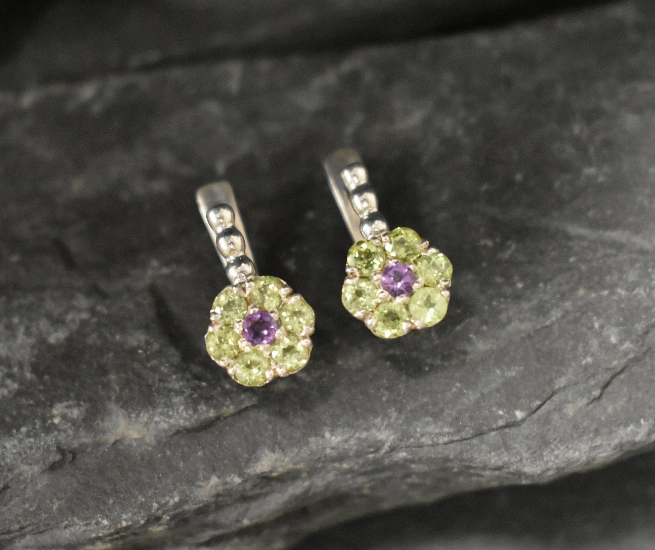 Green Flower Earrings - Natural Peridot Earrings, Amethyst Flower Earrings