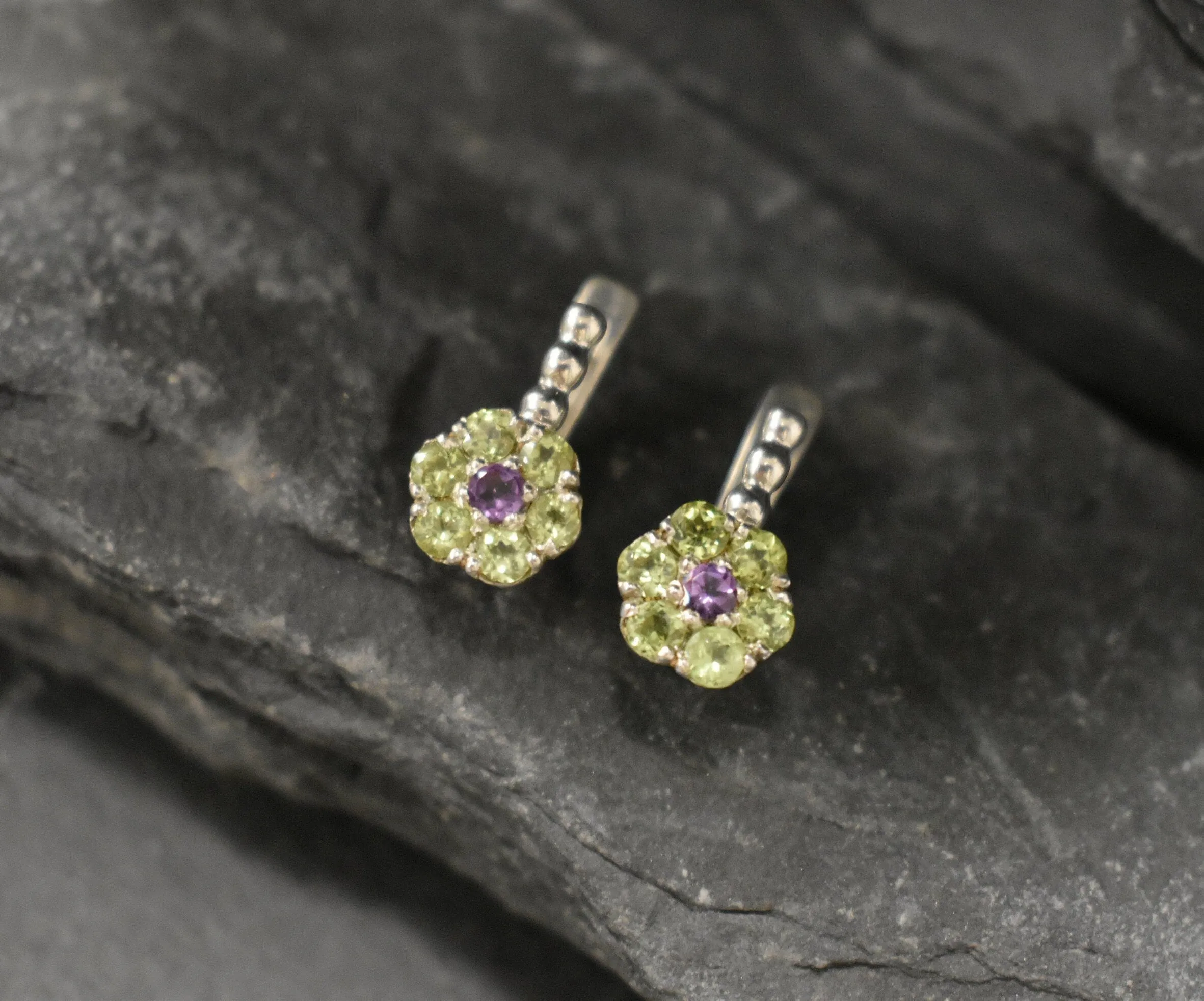 Green Flower Earrings - Natural Peridot Earrings, Amethyst Flower Earrings