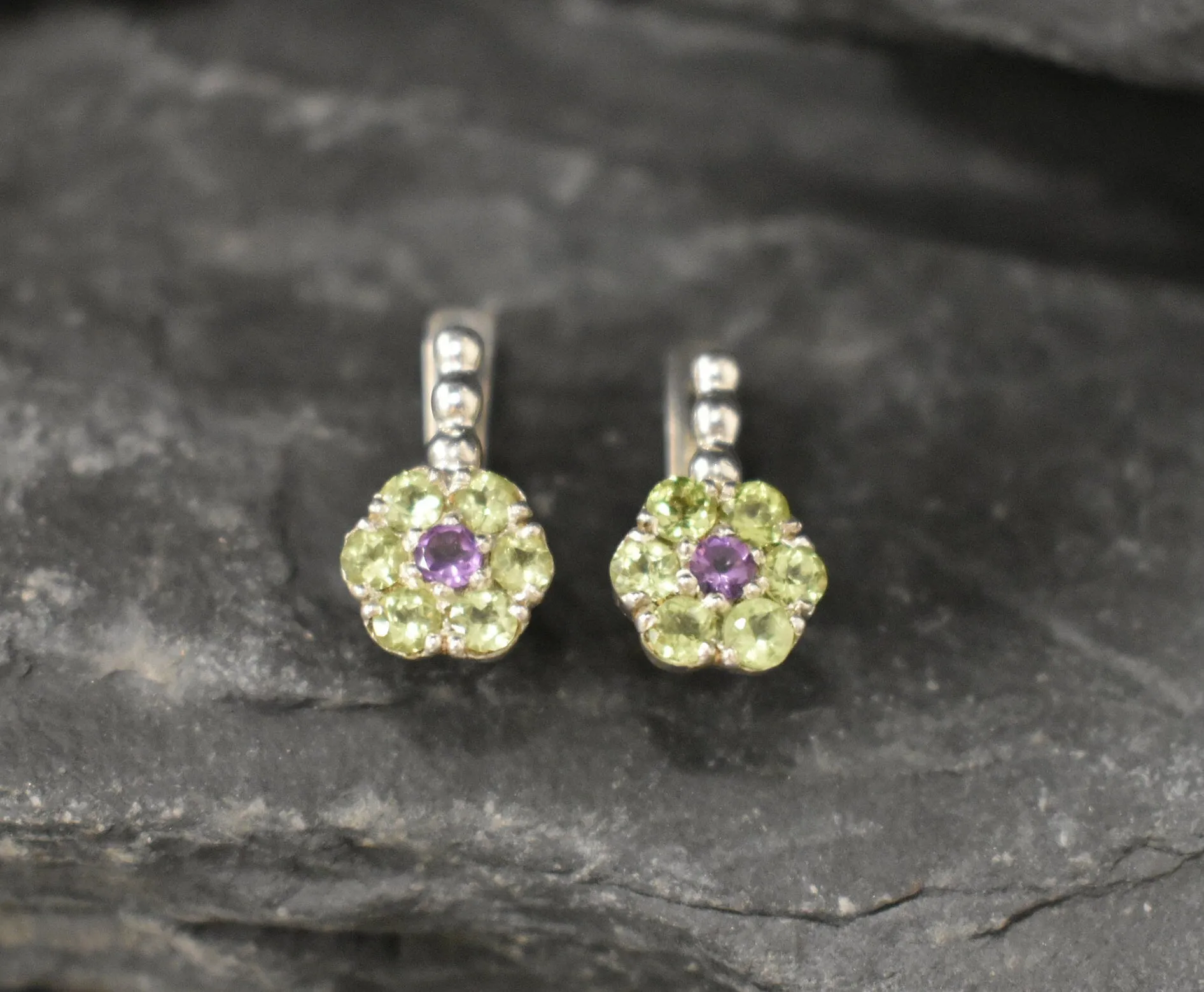 Green Flower Earrings - Natural Peridot Earrings, Amethyst Flower Earrings