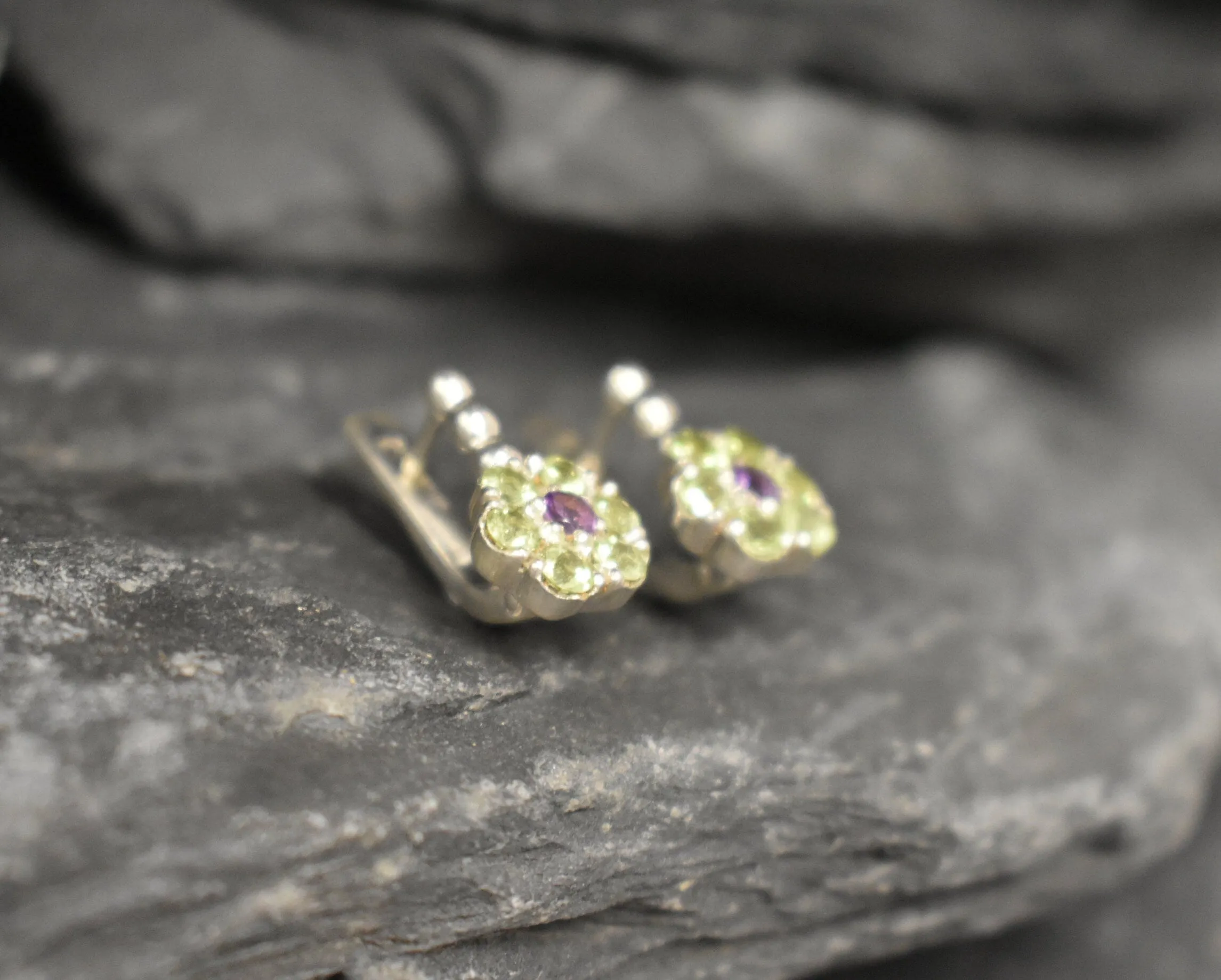 Green Flower Earrings - Natural Peridot Earrings, Amethyst Flower Earrings