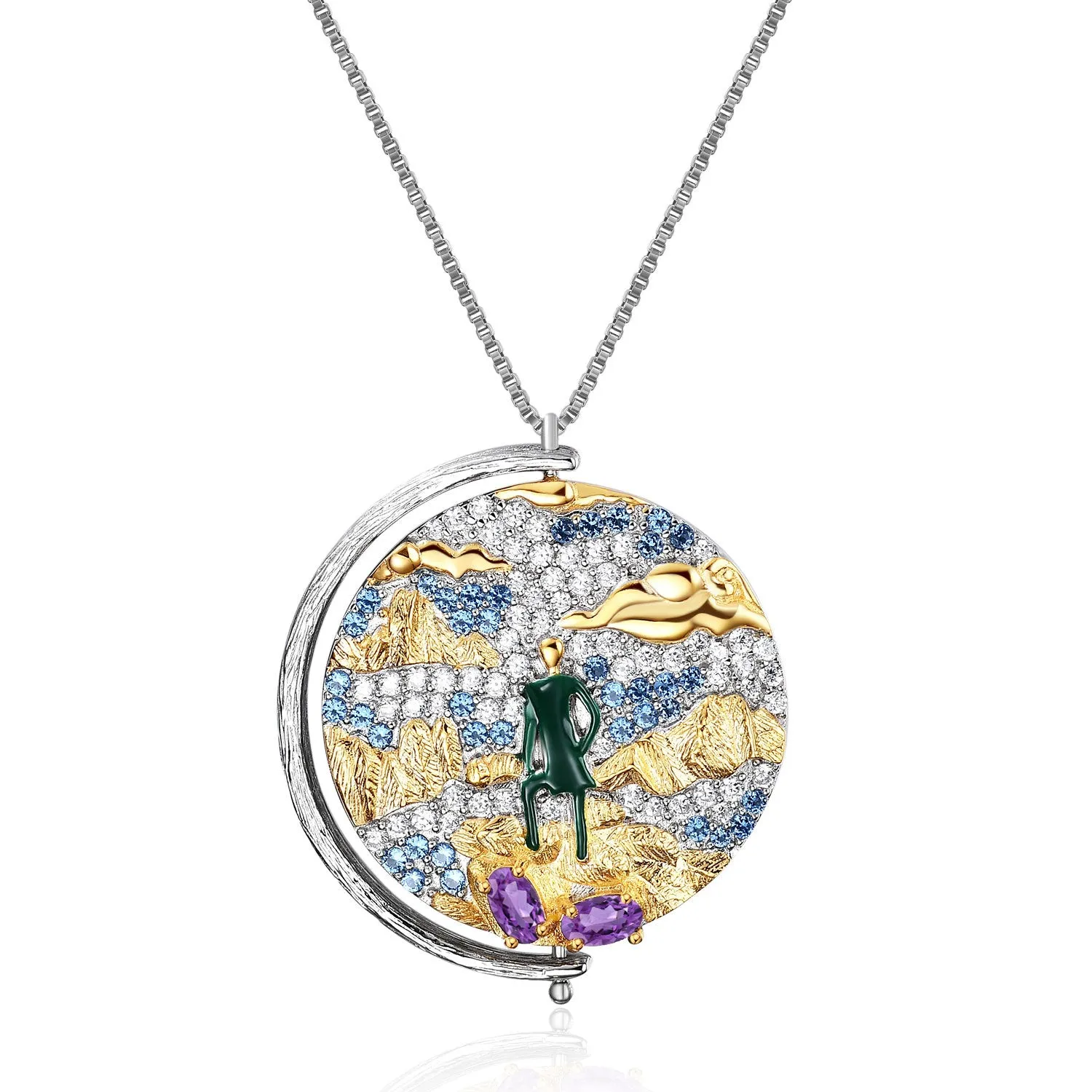 Italian Craft Abstract Pattern Vintage Jewelry Design Inlaid Colourful Gemstone Pendant Silver Necklace for Women