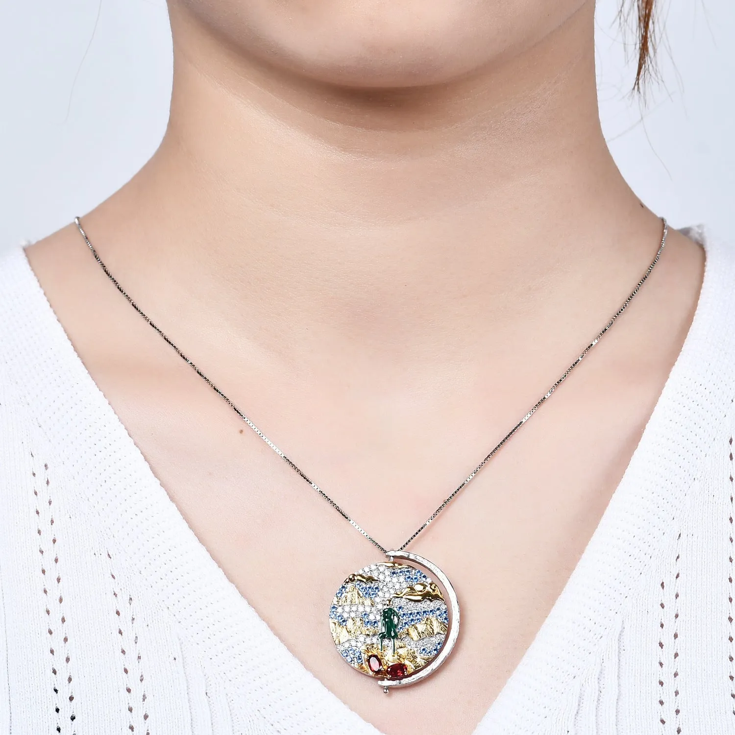 Italian Craft Abstract Pattern Vintage Jewelry Design Inlaid Colourful Gemstone Pendant Silver Necklace for Women