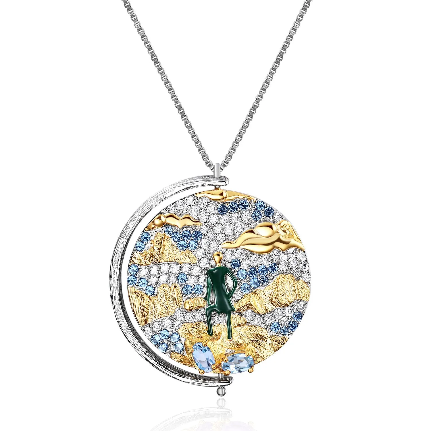 Italian Craft Abstract Pattern Vintage Jewelry Design Inlaid Colourful Gemstone Pendant Silver Necklace for Women