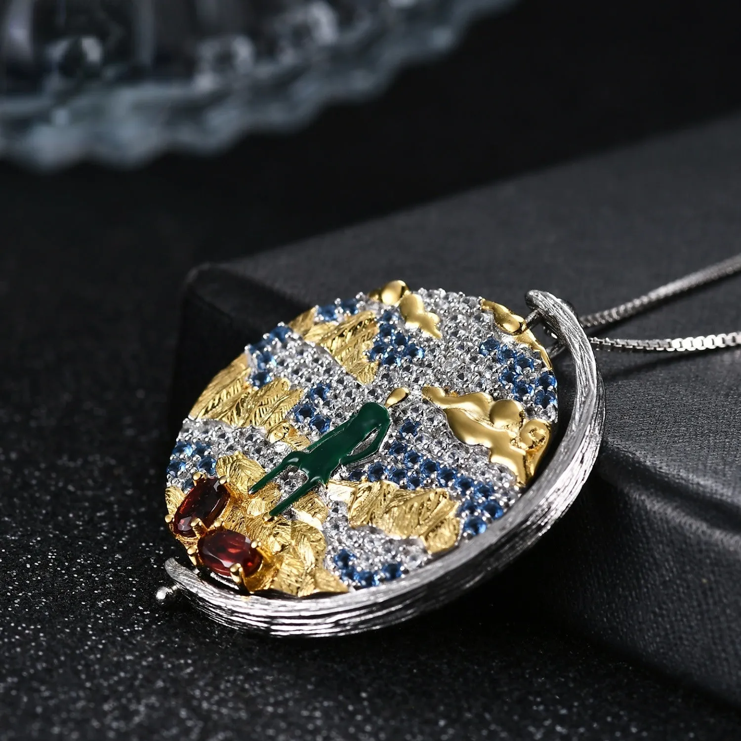 Italian Craft Abstract Pattern Vintage Jewelry Design Inlaid Colourful Gemstone Pendant Silver Necklace for Women