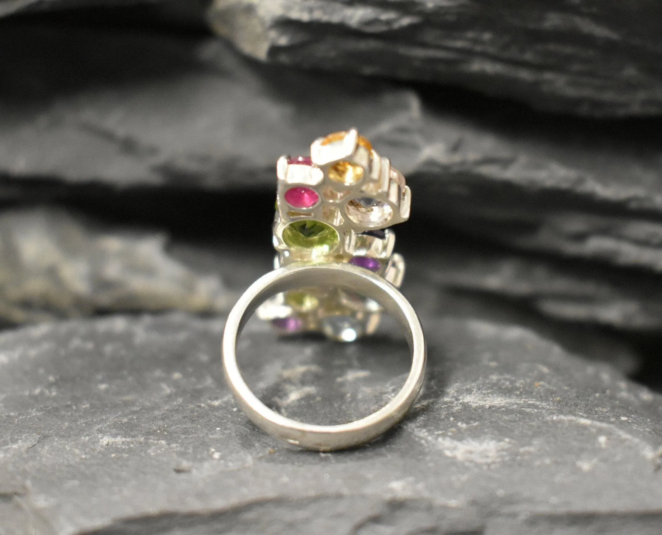 Multistone Topaz Ring - Colorful Long Ring - Vintage Cluster Ring