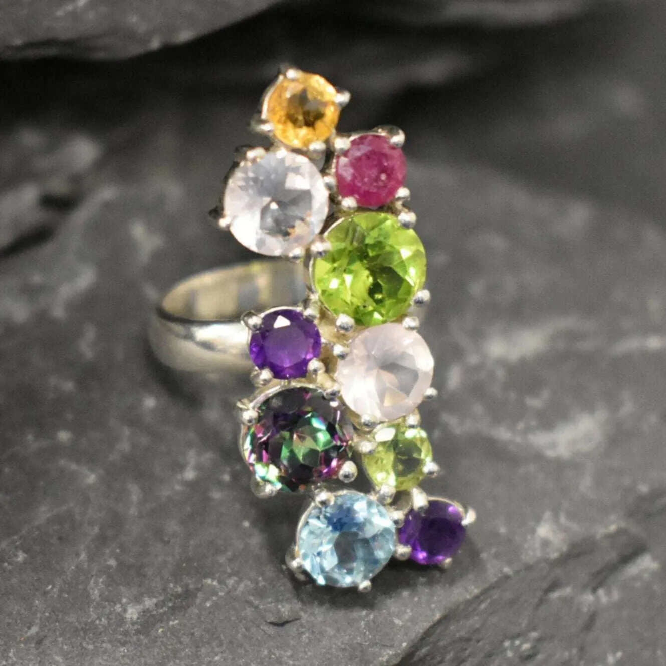 Multistone Topaz Ring - Colorful Long Ring - Vintage Cluster Ring