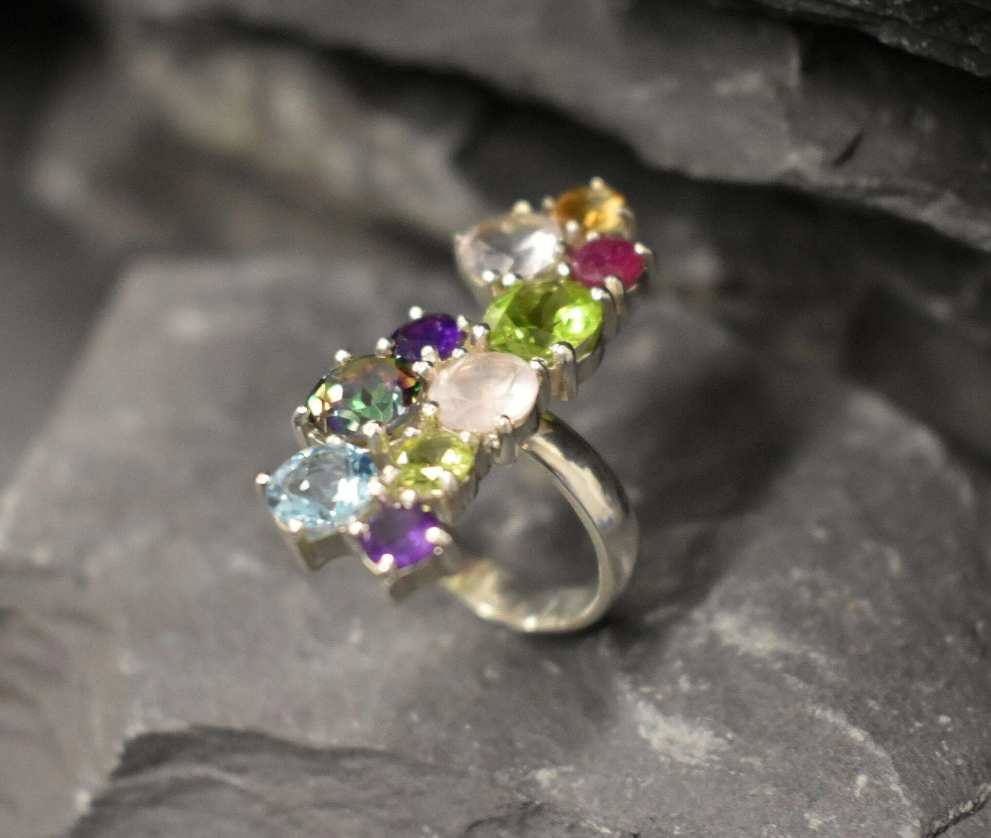 Multistone Topaz Ring - Colorful Long Ring - Vintage Cluster Ring