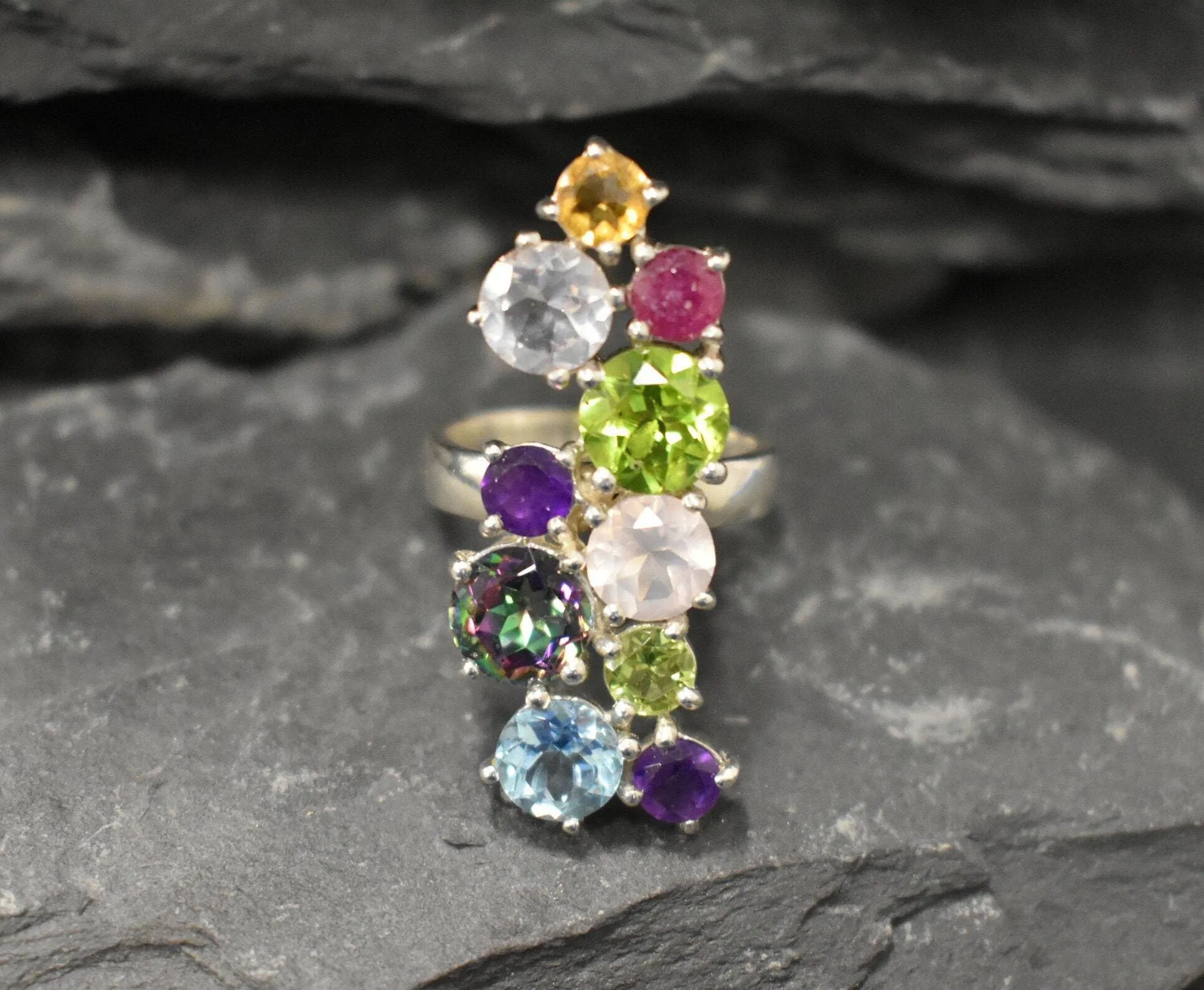 Multistone Topaz Ring - Colorful Long Ring - Vintage Cluster Ring